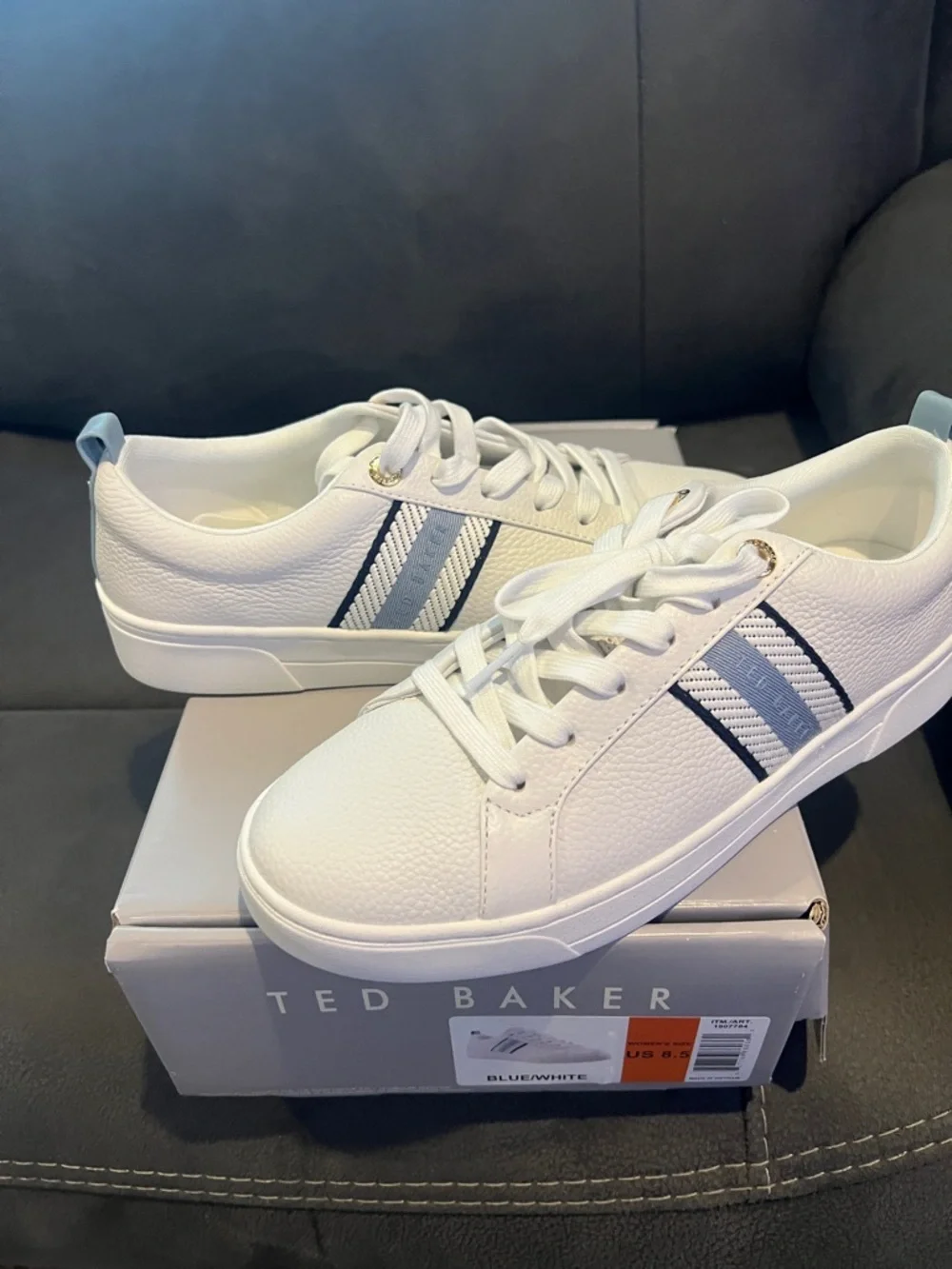 Ted Baker White Sneakers with Navy and Light Blue Stripes - Picture 1 of 4